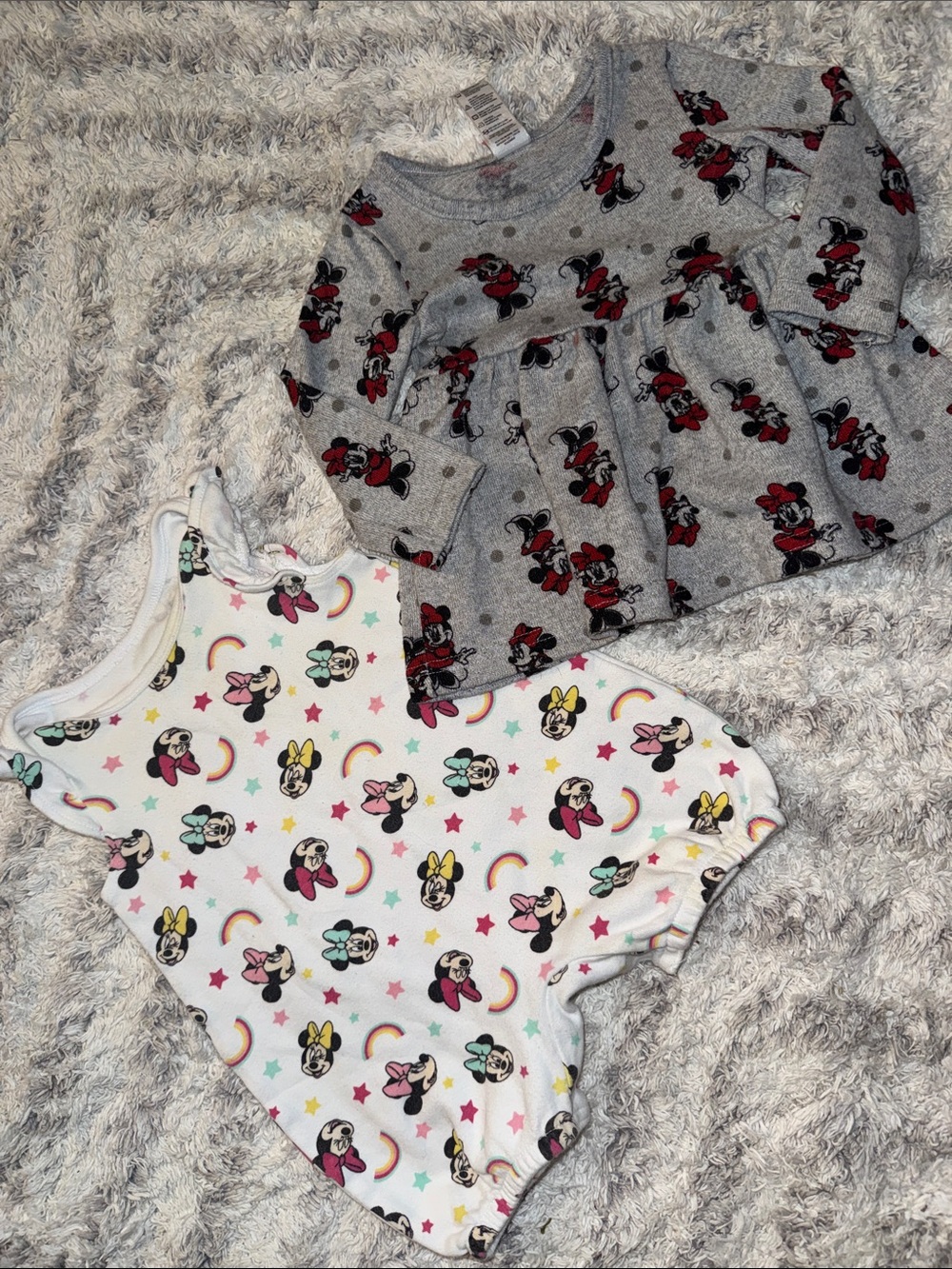 6-12m vintage Minnie Mouse Baby Dress & Onesie Set - Gray & White Pink Accents